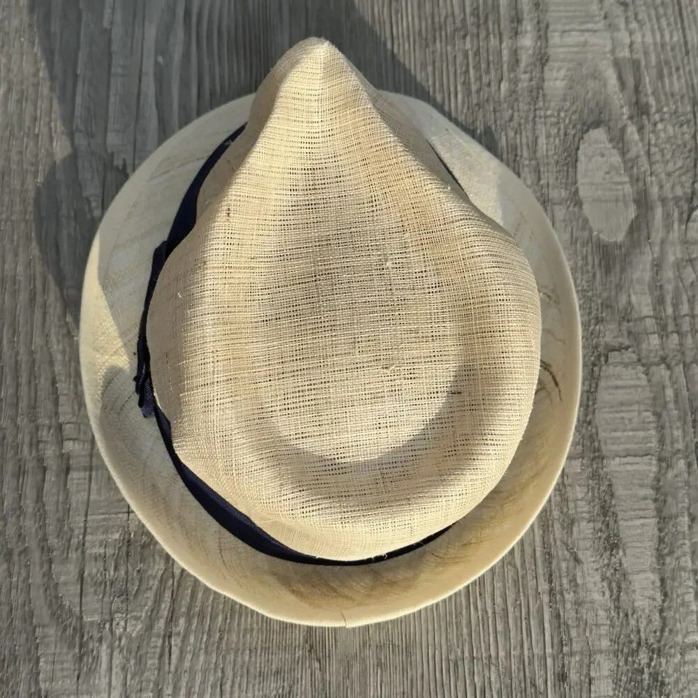 Ralph Lauren Women's Straw Fedora Hat Medium Ivory w/ Navy Grosgrain Band